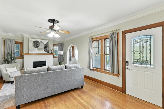 2311 N 51st St, Omaha, NE 68104 - living room featuring light wood-type flooring, ornamental molding, a fireplace, and healthy amount of natural light