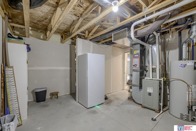 1637 W Avalanche Rd, Lincoln, NE 68521 - unfinished below grade area with water heater, freestanding refrigerator, and heating unit