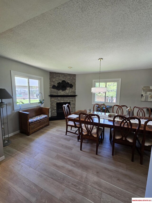 1807 S 16th Circle Dr, Beatrice, NE 68310 - dining space with wood finished floors, a fireplace, a textured ceiling, and baseboards