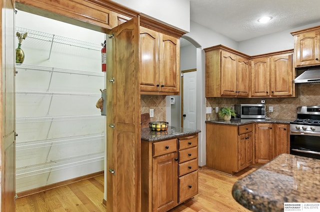 5418 S 165th St, Omaha, NE 68135 - kitchen with stainless steel appliances, light wood-type flooring, tasteful backsplash, wall chimney exhaust hood, and a textured ceiling