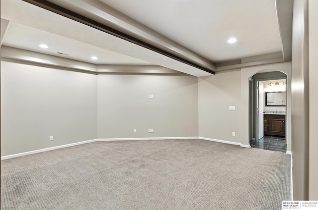 5418 S 165th St, Omaha, NE 68135 - basement featuring carpet flooring, arched walkways, and recessed lighting