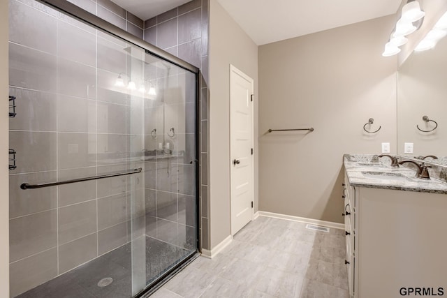 7810 S 184th Ave, Omaha, NE 68136 - bathroom featuring double vanity, a shower stall, and baseboards