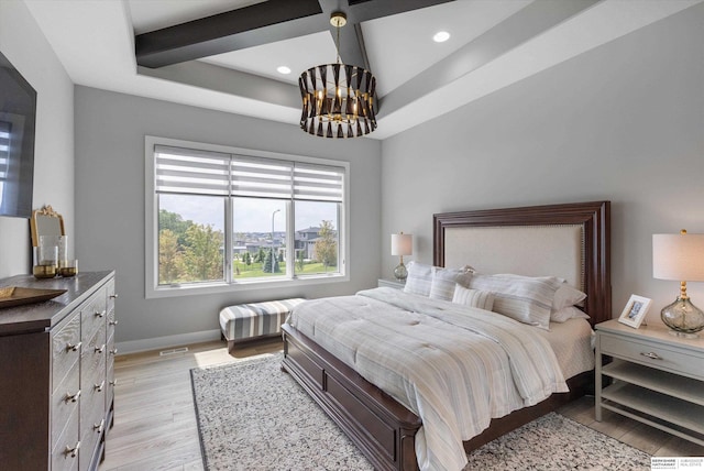 3307 S 209th St, Omaha, NE 68022 - bedroom featuring a chandelier, light wood finished floors, recessed lighting, beamed ceiling, and coffered ceiling