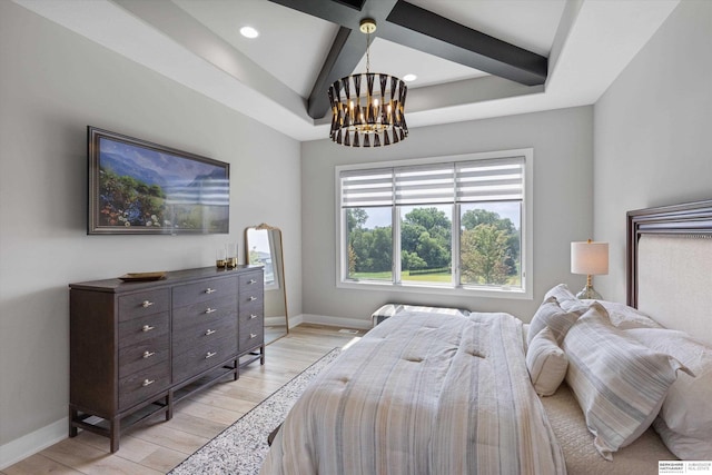 3307 S 209th St, Omaha, NE 68022 - bedroom with a chandelier, light wood-type flooring, recessed lighting, beamed ceiling, and coffered ceiling