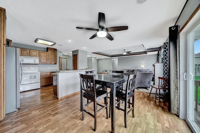 1035 Primrose Ln, Hickman, NE 68372 - dining space featuring ceiling fan, light wood finished floors, and a tray ceiling