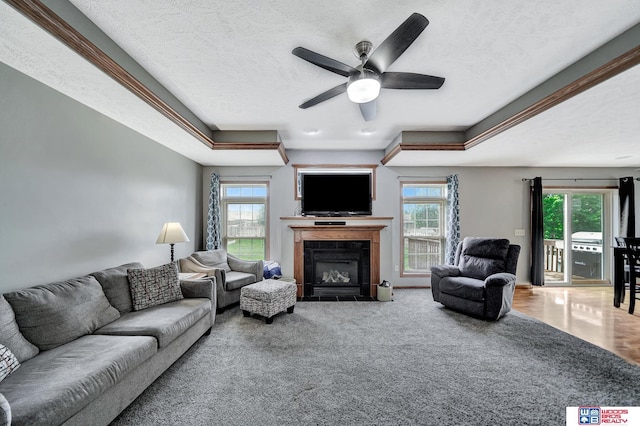 1035 Primrose Ln, Hickman, NE 68372 - carpeted living room featuring healthy amount of natural light, a fireplace with flush hearth, a textured ceiling, and a ceiling fan