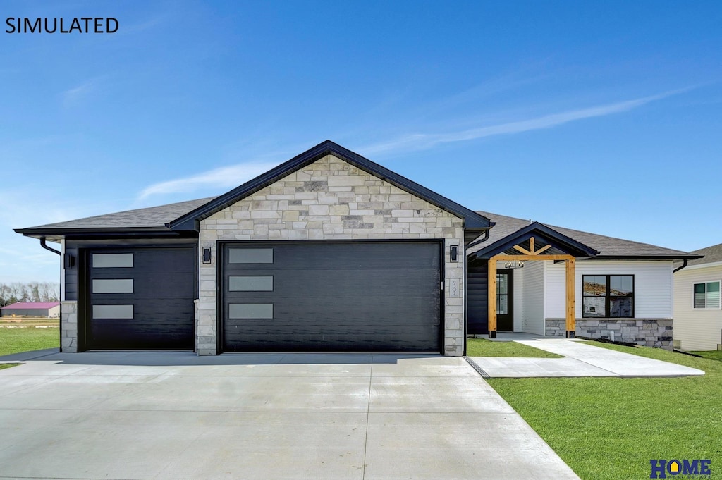 7918 Ponce Dr, Lincoln, NE 68516 - view of front facade with a garage, concrete driveway, and stone siding