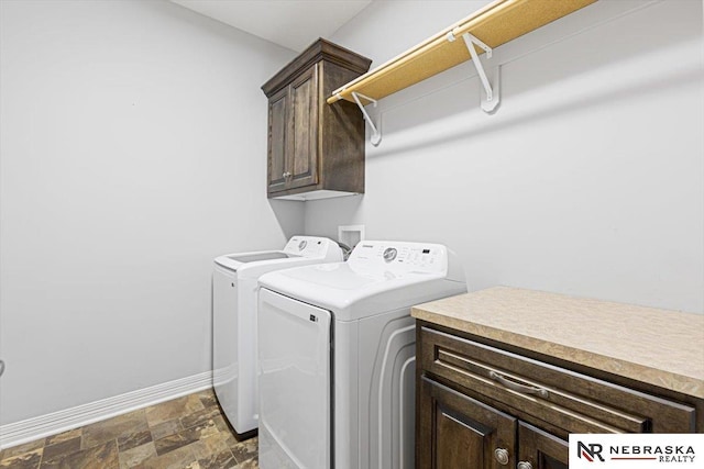 18402 Polk St, Omaha, NE 68135 - laundry room with cabinet space, washer and clothes dryer, and stone finish floors