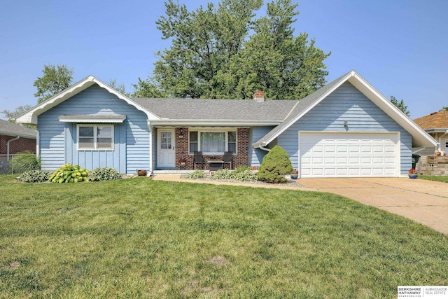280 N 8th St, Springfield, NE 68059 - view of front facade featuring a garage, a front yard, driveway, brick siding, and a chimney