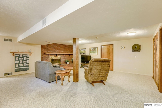 280 N 8th St, Springfield, NE 68059 - living room with a brick fireplace, carpet, and a textured ceiling