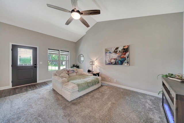 8178 Regent Dr, Lincoln, NE 68507 - bedroom with lofted ceiling, carpet floors, and a ceiling fan