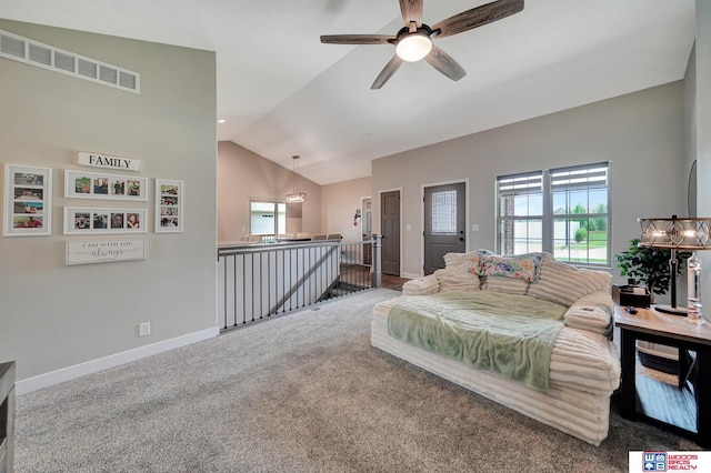 8178 Regent Dr, Lincoln, NE 68507 - living area featuring vaulted ceiling, ceiling fan, and carpet floors