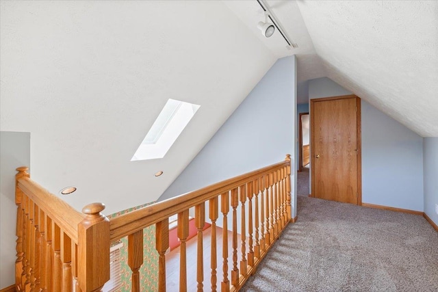 3018 Frederick St S, Omaha, NE 68105 - hall featuring vaulted ceiling, a skylight, carpet floors, and rail lighting
