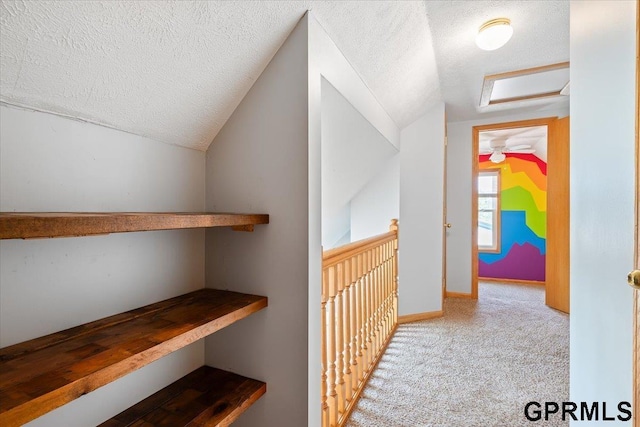 3018 Frederick St S, Omaha, NE 68105 - hallway featuring lofted ceiling, a textured ceiling, and carpet