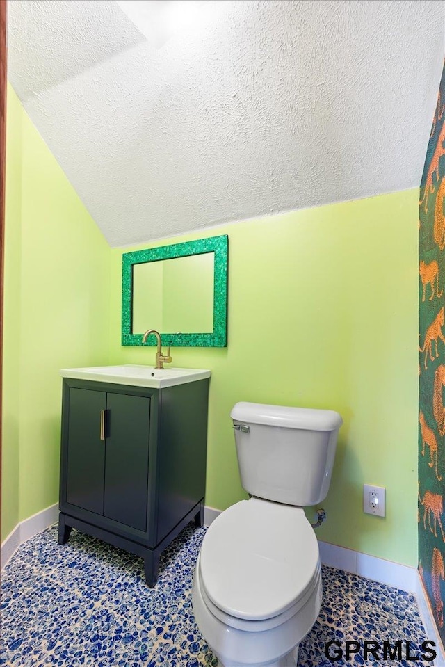 3018 Frederick St S, Omaha, NE 68105 - bathroom featuring vanity, a textured ceiling, and vaulted ceiling