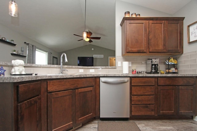 320 Woodland Blvd, Hickman, NE 68372 - kitchen featuring stainless steel dishwasher, vaulted ceiling, a ceiling fan, backsplash, and light stone countertops