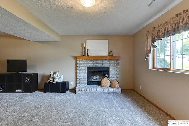 6705 Hillcrest Ln, La Vista, NE 68128 - carpeted living room featuring a brick fireplace and a textured ceiling