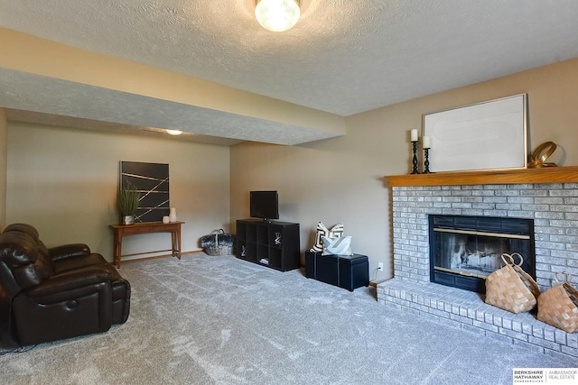 6705 Hillcrest Ln, La Vista, NE 68128 - living area with carpet flooring, a textured ceiling, and a fireplace