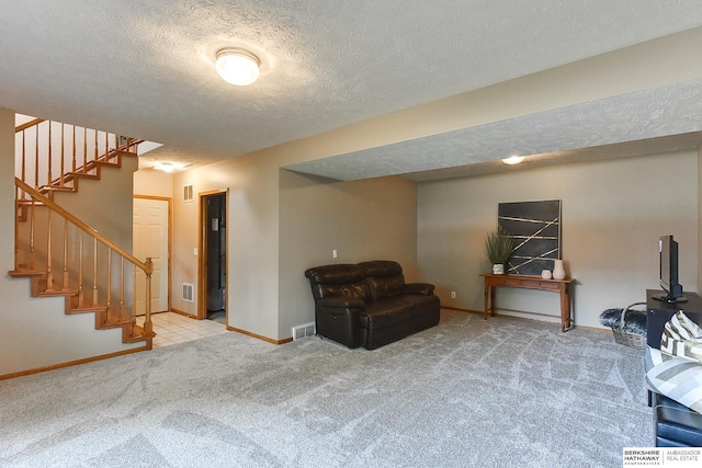 6705 Hillcrest Ln, La Vista, NE 68128 - living area with carpet floors, stairway, and a textured ceiling