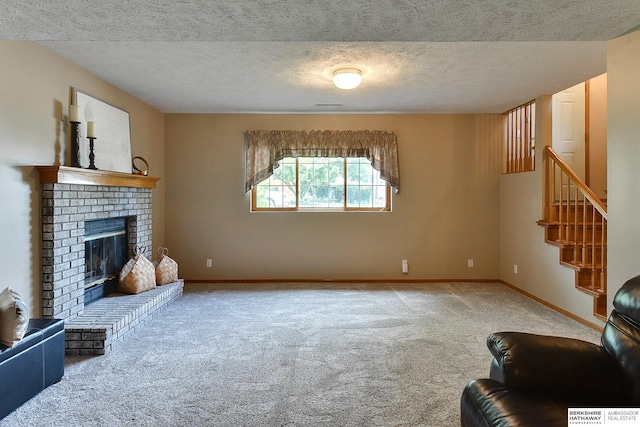 6705 Hillcrest Ln, La Vista, NE 68128 - unfurnished living room featuring carpet floors, a fireplace, a textured ceiling, and stairway