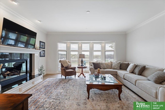 5850 Country Squire Plz, Omaha, NE 68152 - living room with healthy amount of natural light, ornamental molding, a high end fireplace, and wood finished floors