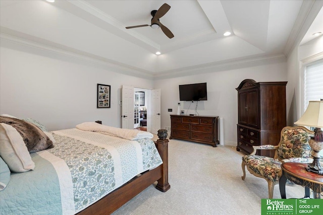 5850 Country Squire Plz, Omaha, NE 68152 - bedroom featuring a tray ceiling, light carpet, crown molding, recessed lighting, and ceiling fan