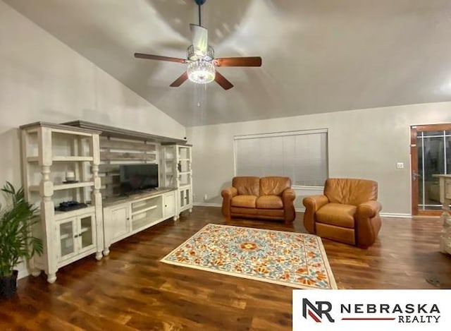 19003 Morrissey Cir, Omaha, NE 68022 - living room featuring a ceiling fan, wood finished floors, and lofted ceiling
