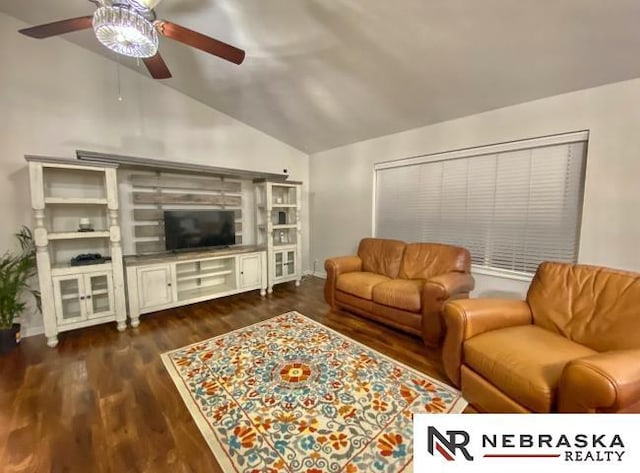 19003 Morrissey Cir, Omaha, NE 68022 - living area with lofted ceiling, ceiling fan, and wood finished floors