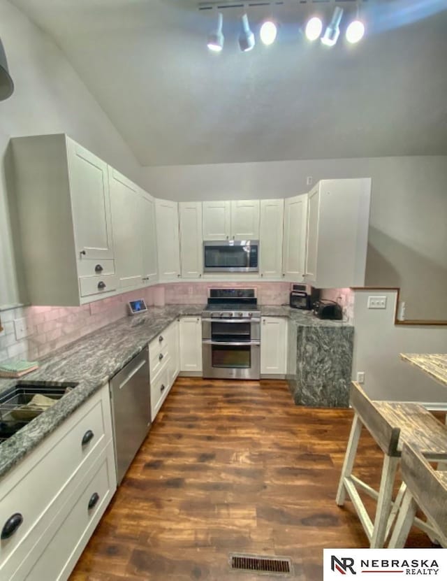 19003 Morrissey Cir, Omaha, NE 68022 - kitchen with stainless steel appliances, tasteful backsplash, vaulted ceiling, dark wood finished floors, and light stone counters