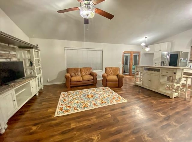 19003 Morrissey Cir, Omaha, NE 68022 - living area with lofted ceiling, a ceiling fan, and dark wood-style flooring