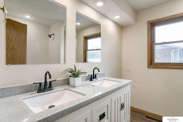 5424 Canterbury Ln Unit 5424, Lincoln, NE 68512 - full bathroom featuring double vanity, wood finished floors, recessed lighting, and a shower