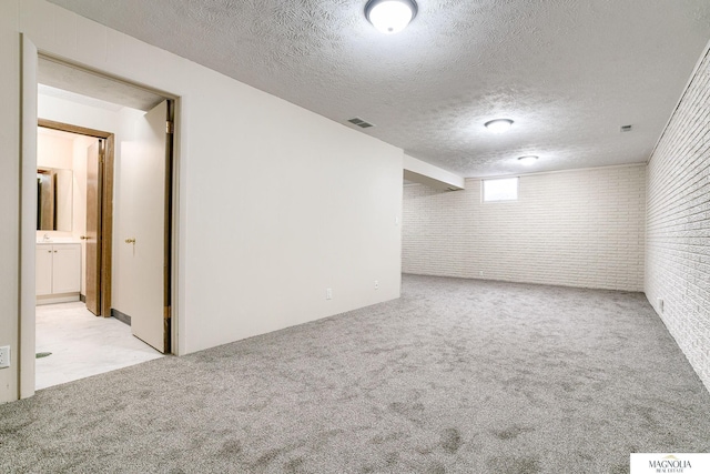 5424 Canterbury Ln Unit 5424, Lincoln, NE 68512 - below grade area with brick wall, carpet floors, and a textured ceiling