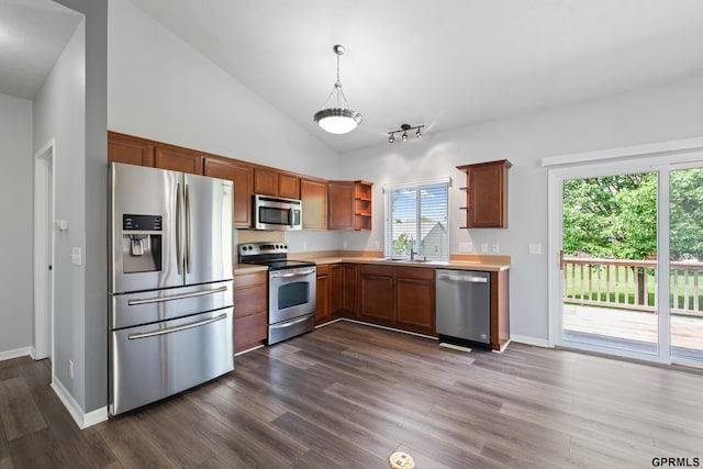 6736 S 191st St, Omaha, NE 68135 - kitchen with stainless steel appliances, open shelves, light countertops, dark wood finished floors, and high vaulted ceiling