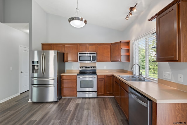 6736 S 191st St, Omaha, NE 68135 - kitchen with stainless steel appliances, dark wood-type flooring, light countertops, open shelves, and high vaulted ceiling
