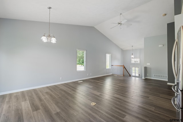 6736 S 191st St, Omaha, NE 68135 - unfurnished living room featuring high vaulted ceiling, a chandelier, plenty of natural light, a ceiling fan, and dark wood-style floors
