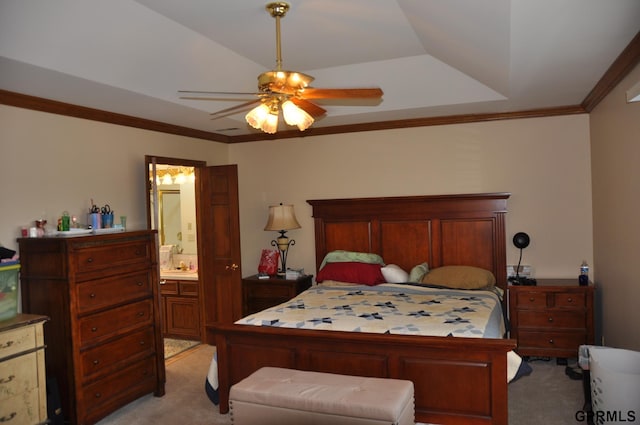 1017 N 129th Cir, Omaha, NE 68154 - bedroom with light colored carpet, ensuite bathroom, crown molding, ceiling fan, and a tray ceiling