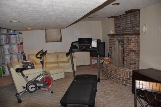 1017 N 129th Cir, Omaha, NE 68154 - workout area featuring carpet floors, a brick fireplace, and a textured ceiling
