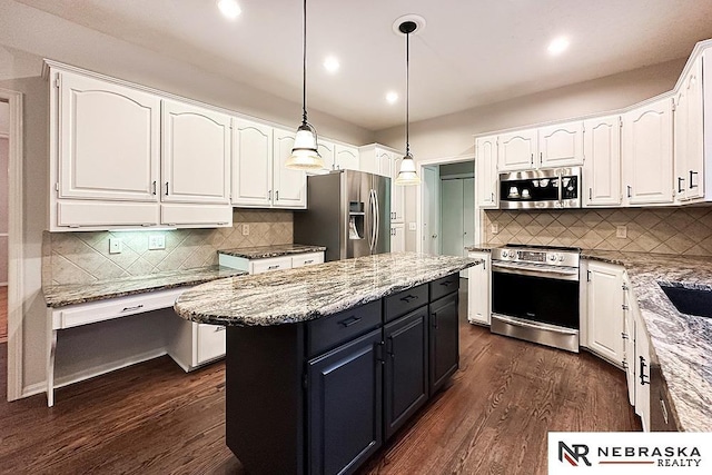 1425 S 158th Cir, Omaha, NE 68130 - kitchen with stainless steel appliances, white cabinetry, dark wood-type flooring, backsplash, and recessed lighting