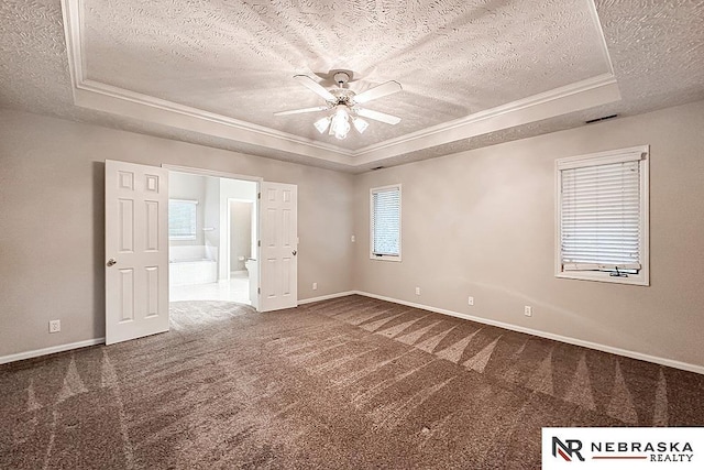 1425 S 158th Cir, Omaha, NE 68130 - carpeted empty room with a textured ceiling, a tray ceiling, a ceiling fan, and ornamental molding