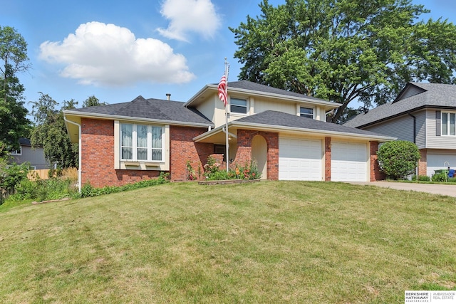 7504 S 46th Ave, Omaha, NE 68157 - view of front of home with a garage, brick siding, and a front lawn