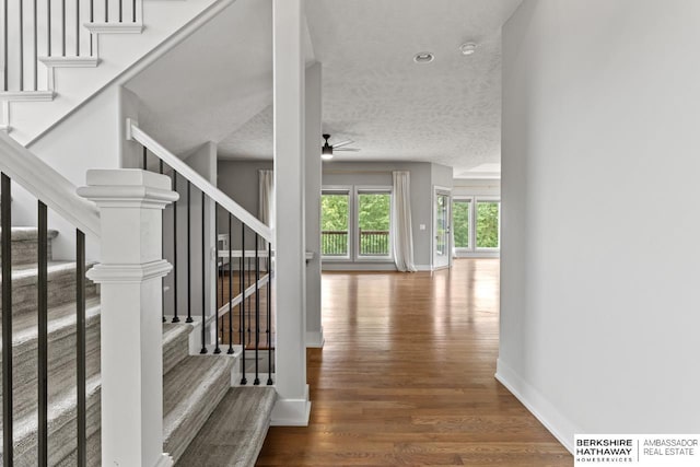 19014 Pratt Cir, Elkhorn, NE 68022 - staircase featuring wood finished floors, a ceiling fan, and a textured ceiling