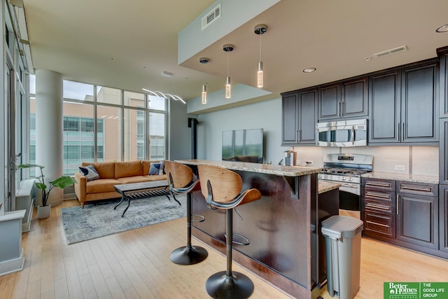 444 Riverfront Plz Unit 501, Omaha, NE 68102 - kitchen featuring stainless steel appliances, light wood-style floors, a breakfast bar area, light stone countertops, and hanging light fixtures