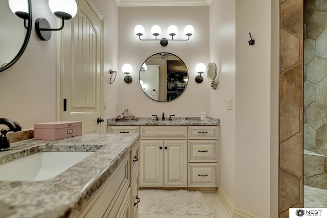 820 N 100th St, Lincoln, NE 68527 - full bathroom featuring two vanities, ornamental molding, tiled shower, and marble look tiles