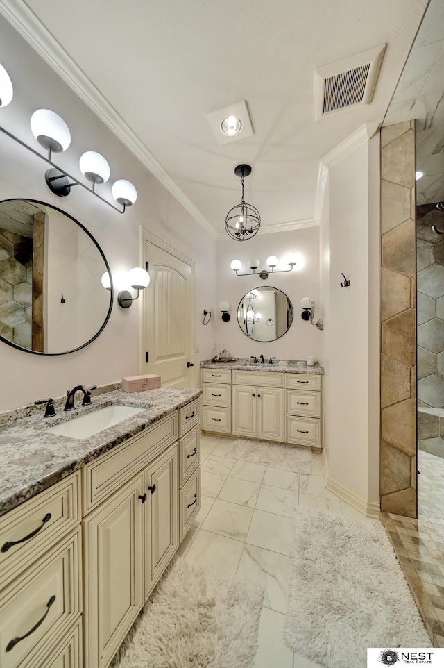 820 N 100th St, Lincoln, NE 68527 - bathroom featuring ornamental molding, a walk in shower, two vanities, marble look tiles, and a chandelier