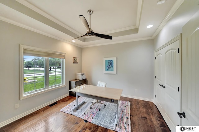 820 N 100th St, Lincoln, NE 68527 - home office with dark wood finished floors, a ceiling fan, crown molding, a raised ceiling, and recessed lighting