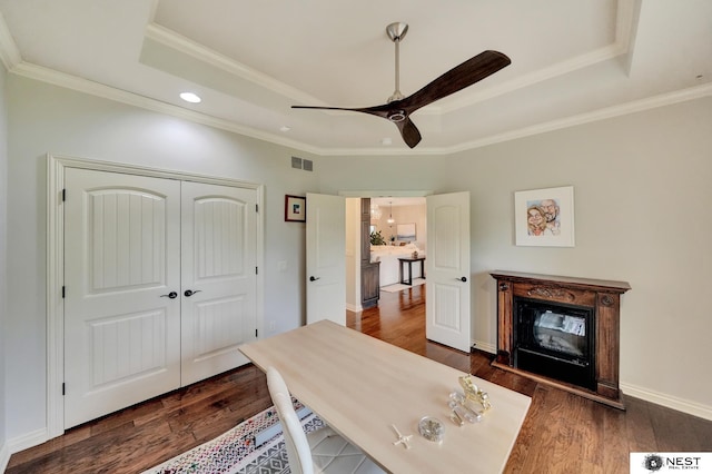 820 N 100th St, Lincoln, NE 68527 - office area with a raised ceiling, dark wood-style floors, ornamental molding, ceiling fan, and recessed lighting