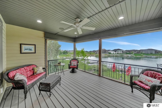 820 N 100th St, Lincoln, NE 68527 - wooden deck with a ceiling fan, a water view, and a residential view