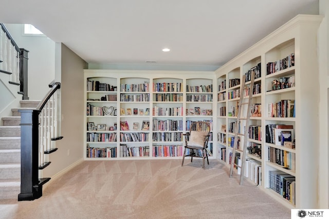 820 N 100th St, Lincoln, NE 68527 - sitting room with wall of books, carpet, and stairs