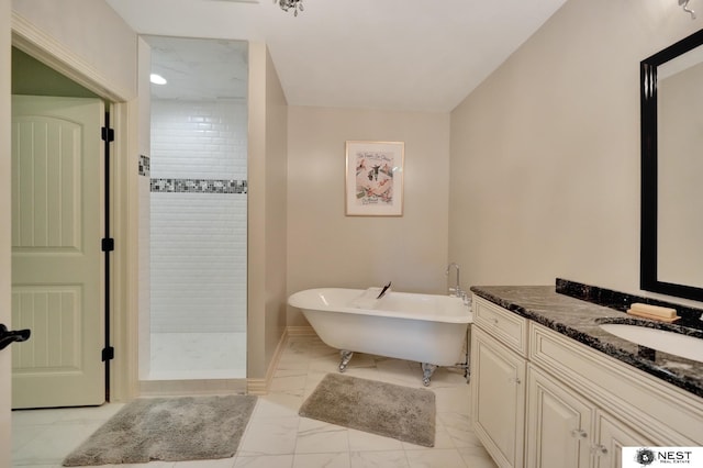 820 N 100th St, Lincoln, NE 68527 - bathroom with marble finish flooring, a soaking tub, tiled shower, and vanity