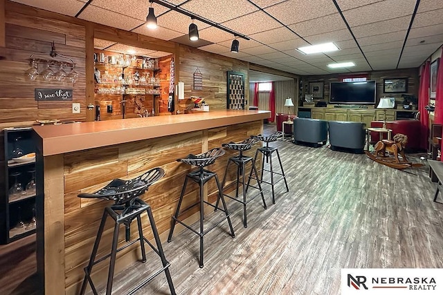 1817 Holling Dr, Omaha, NE 68144 - indoor wet bar with wooden walls, a paneled ceiling, and wood finished floors